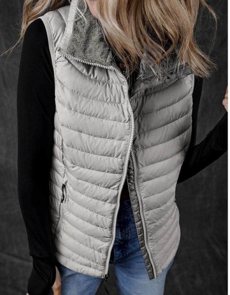 Silvery Plush Collared Quilted Zipped Puffer Vest