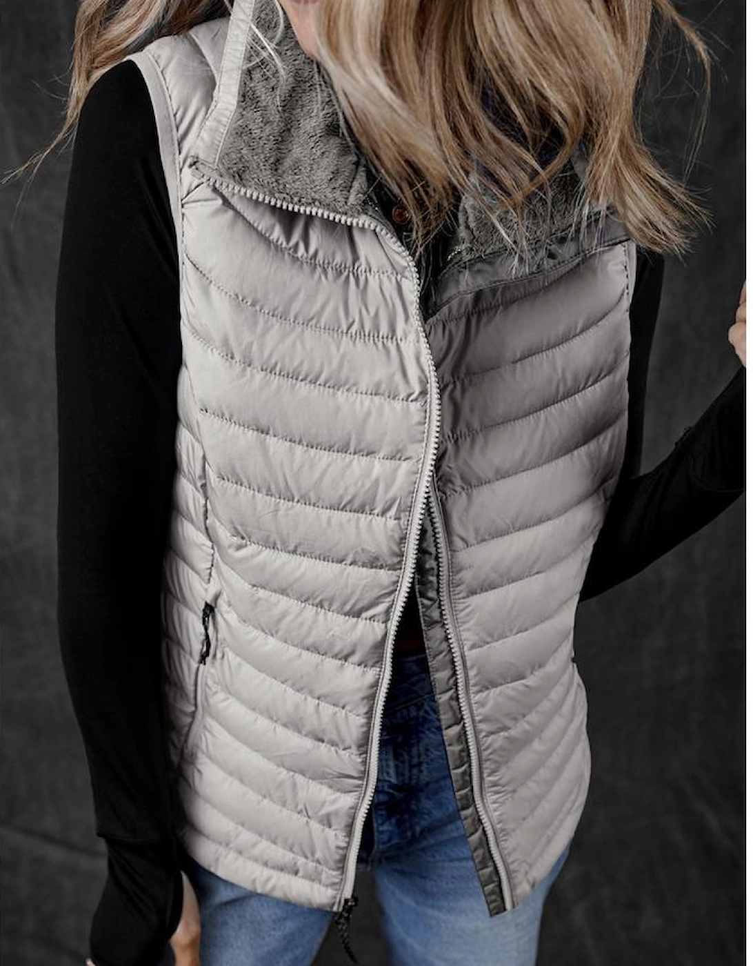 Silvery Plush Collared Quilted Zipped Puffer Vest