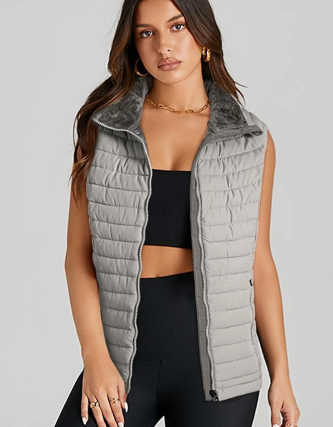 Silvery Plush Collared Quilted Zipped Puffer Vest