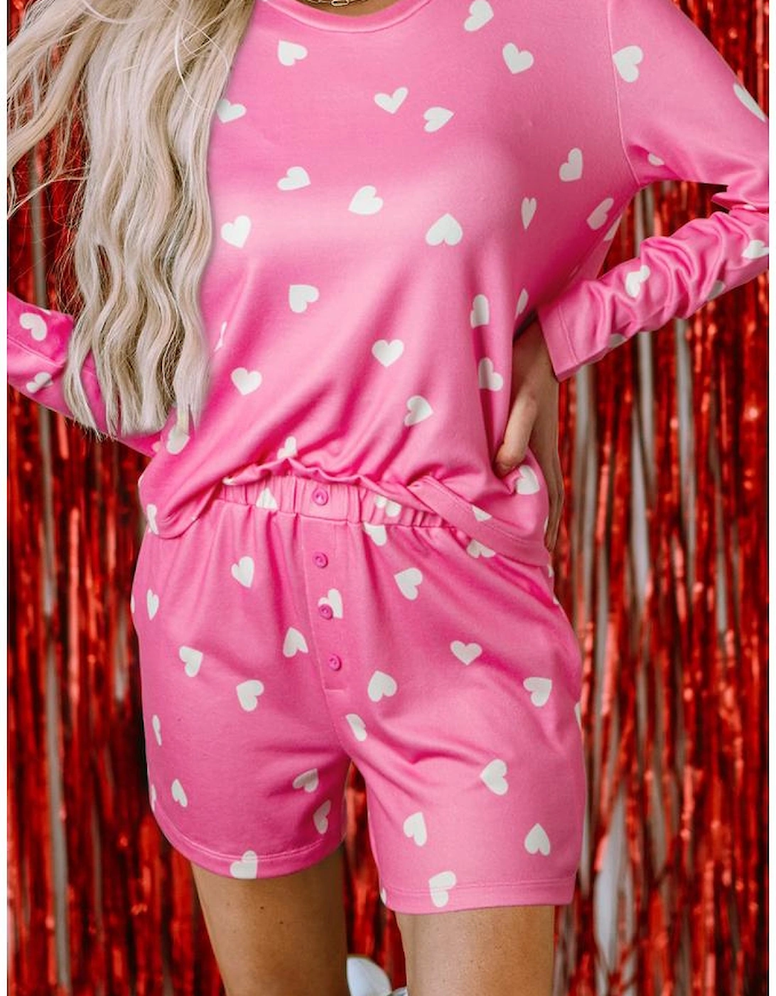 Pink Valentine Heart Print Long Sleeve Tee and Shorts Lounge Set