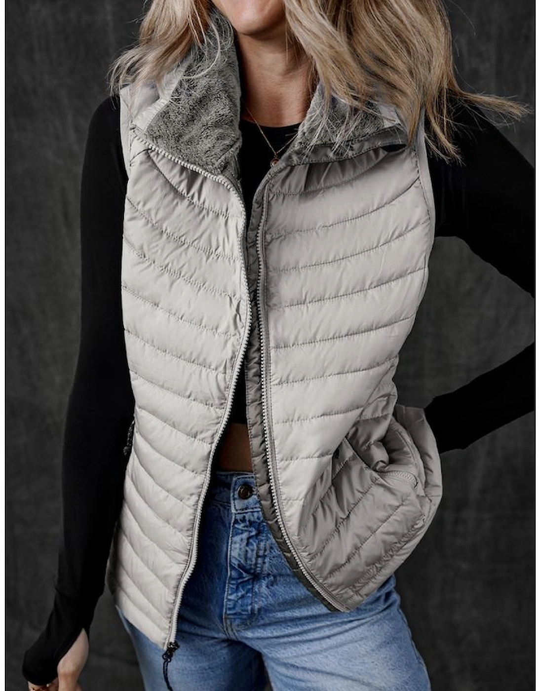 Silvery Plush Collared Quilted Zipped Puffer Vest