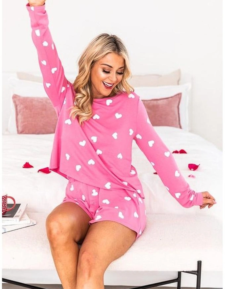 Pink Valentine Heart Print Long Sleeve Tee and Shorts Lounge Set