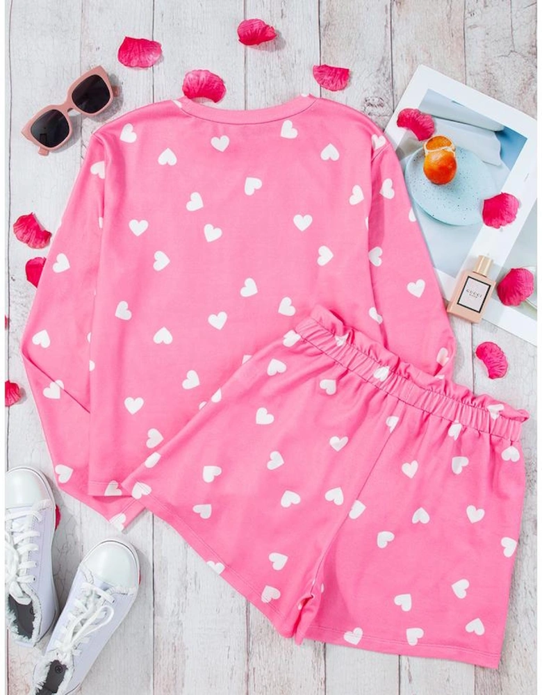 Pink Valentine Heart Print Long Sleeve Tee and Shorts Lounge Set