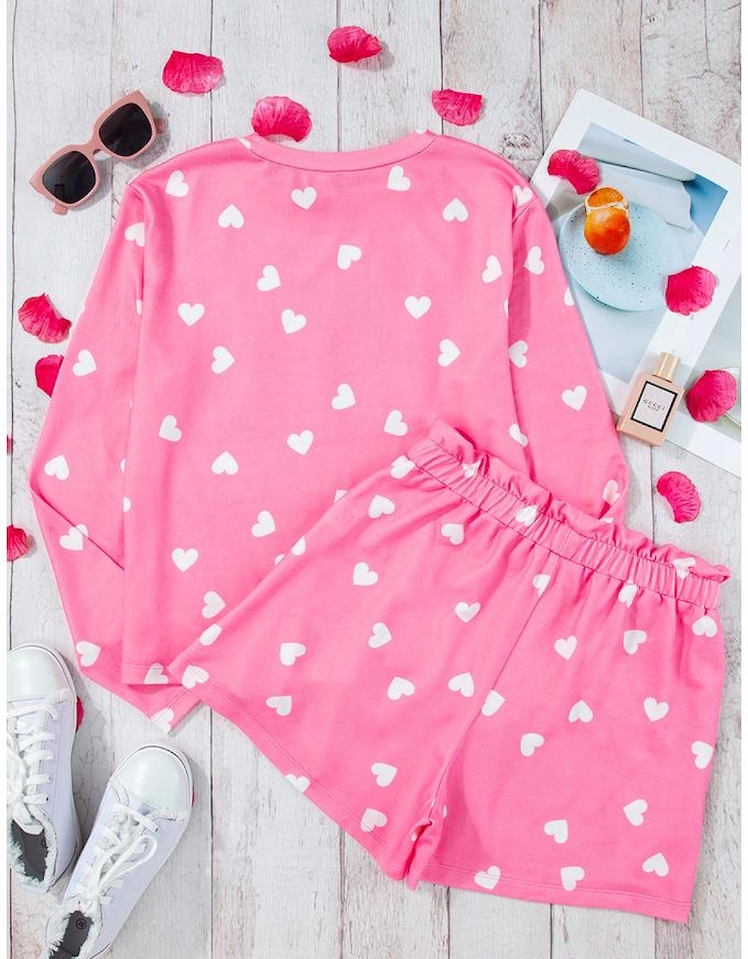 Pink Valentine Heart Print Long Sleeve Tee and Shorts Lounge Set