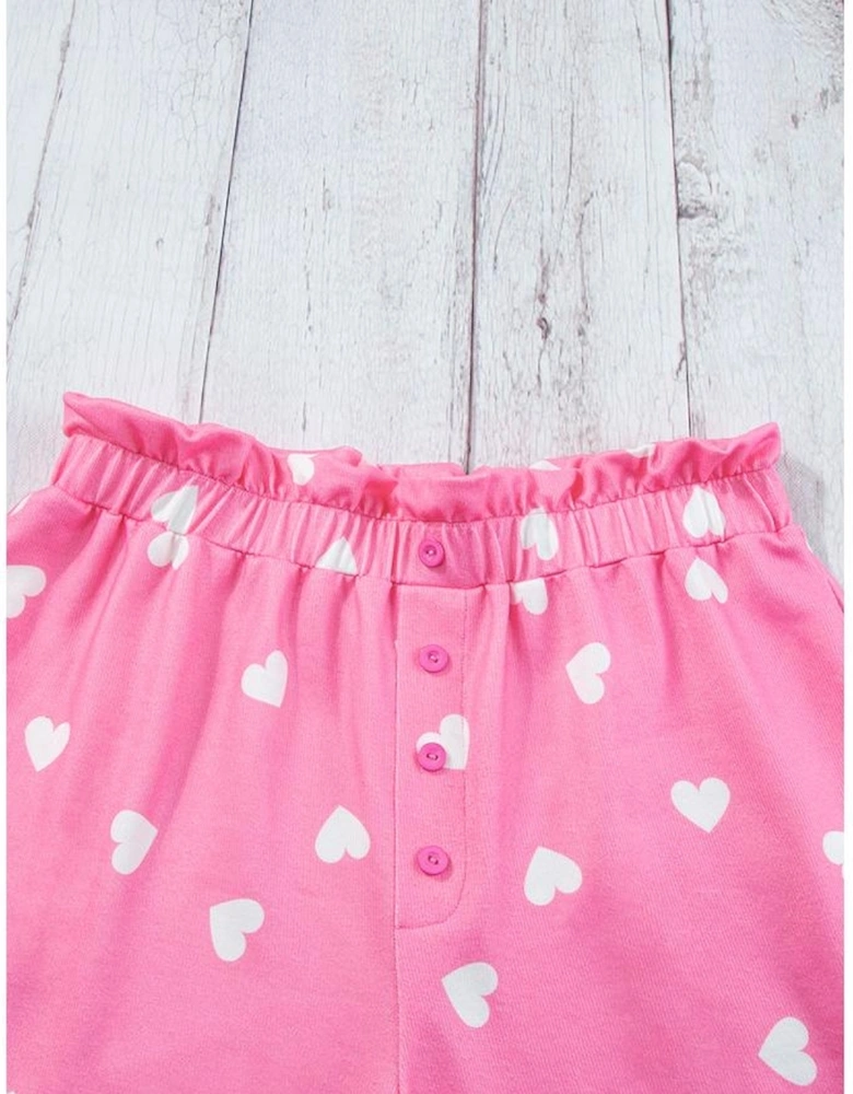 Pink Valentine Heart Print Long Sleeve Tee and Shorts Lounge Set