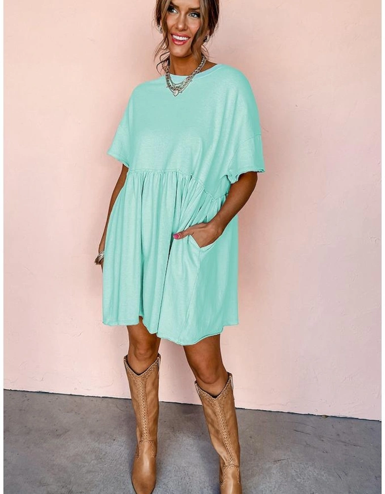 Moonlight Jade Solid Color Pocketed Raw Edge Babydoll Dress