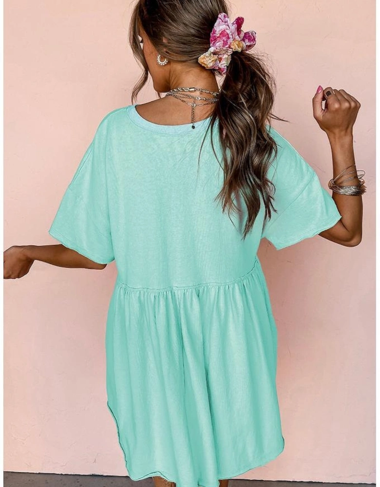 Moonlight Jade Solid Color Pocketed Raw Edge Babydoll Dress