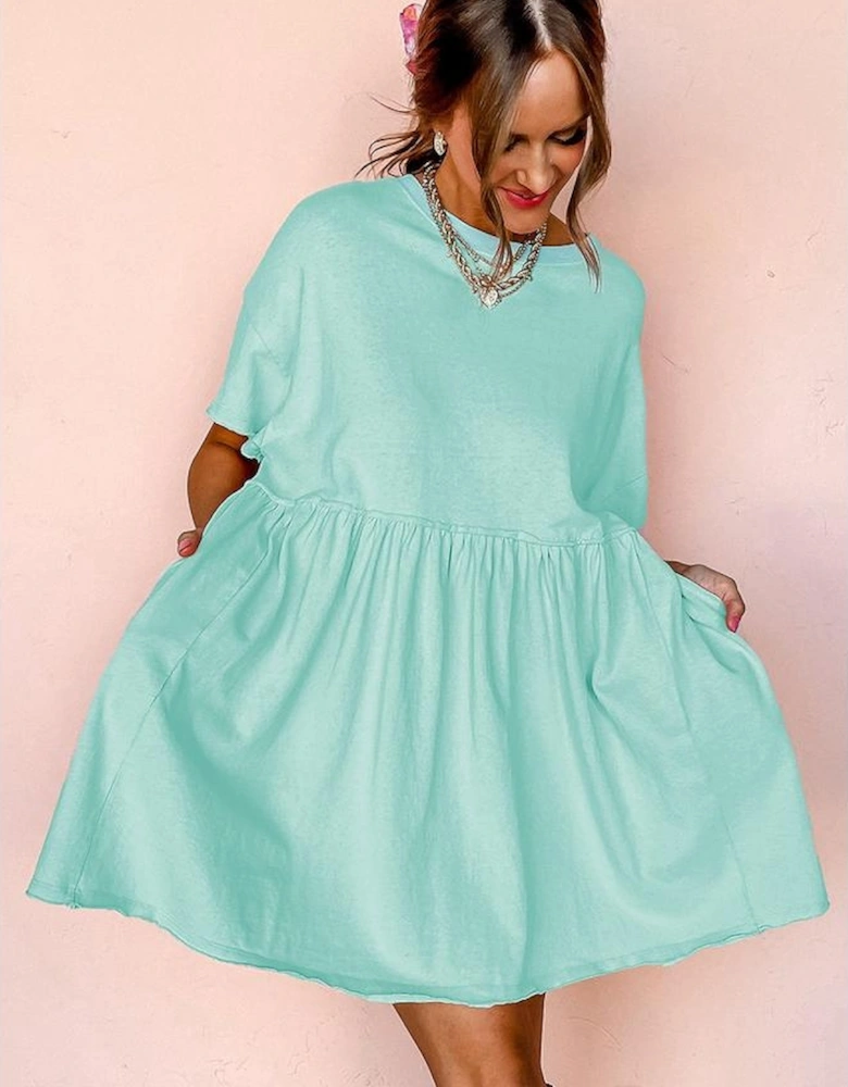 Moonlight Jade Solid Color Pocketed Raw Edge Babydoll Dress