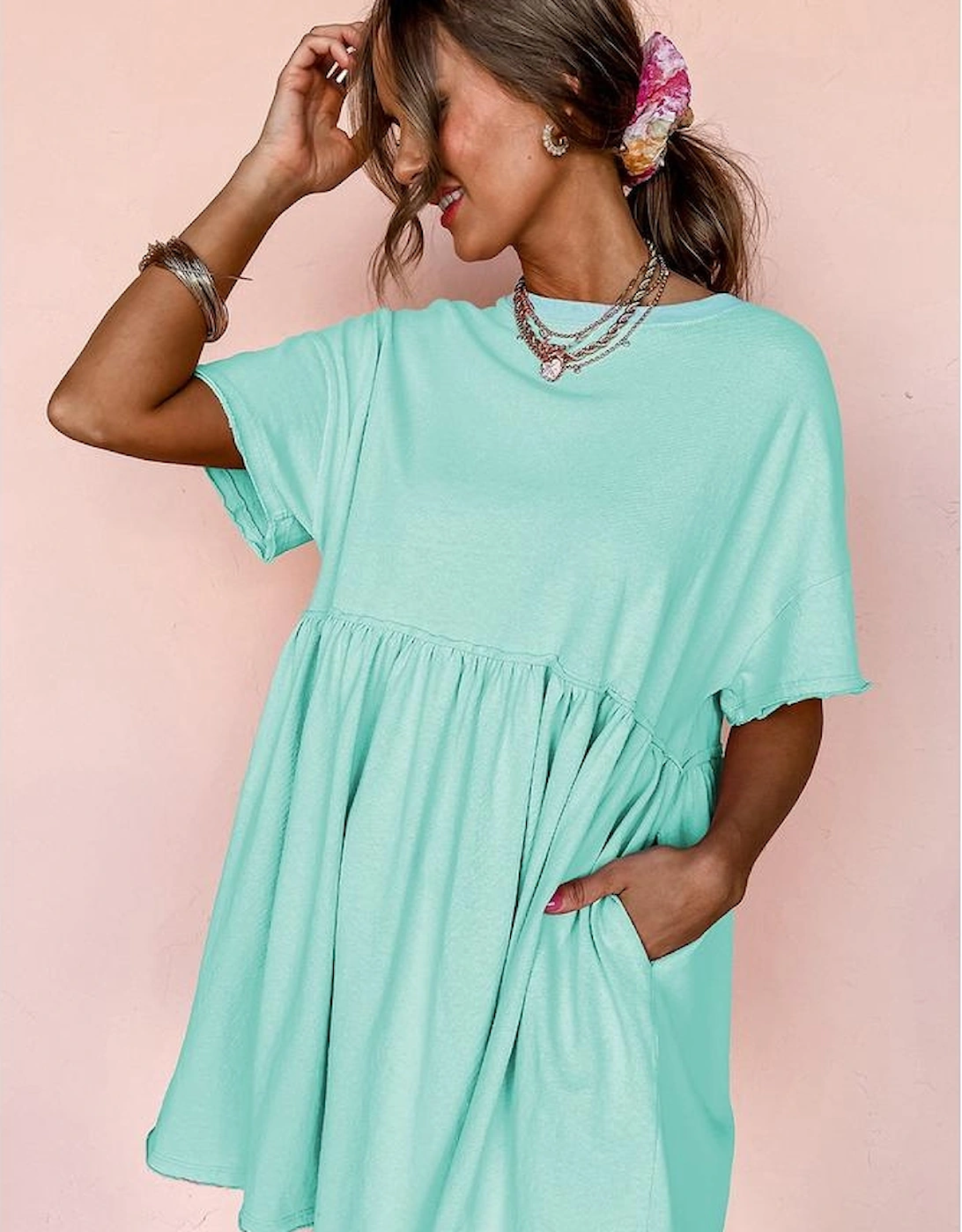 Moonlight Jade Solid Color Pocketed Raw Edge Babydoll Dress