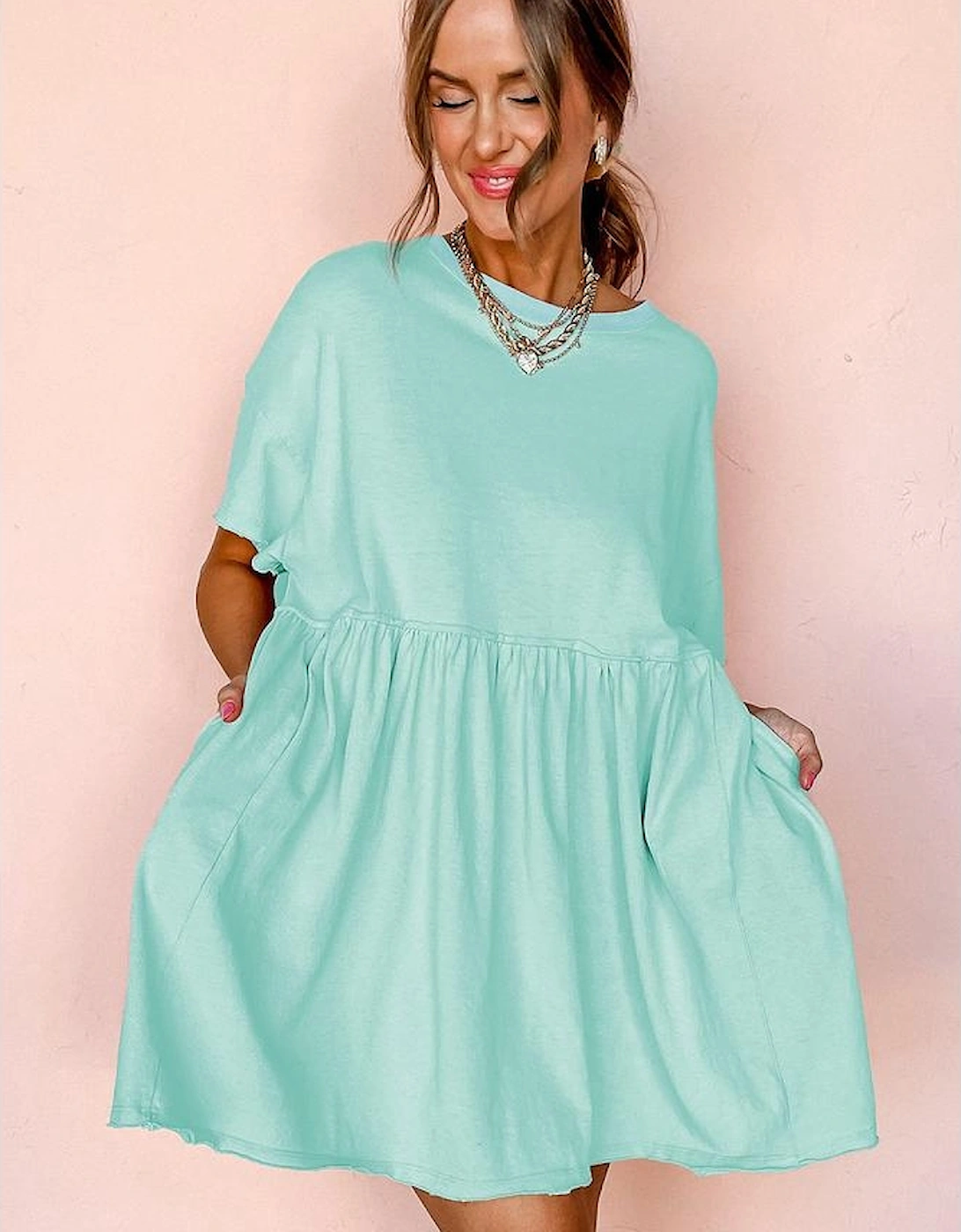 Moonlight Jade Solid Color Pocketed Raw Edge Babydoll Dress