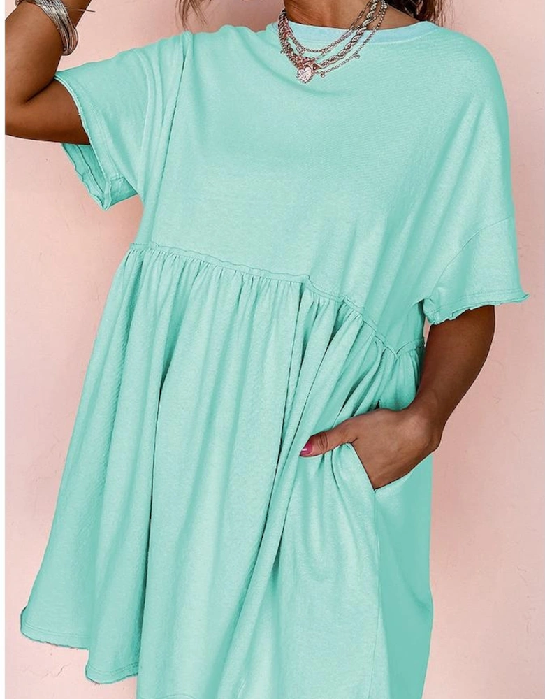 Moonlight Jade Solid Color Pocketed Raw Edge Babydoll Dress