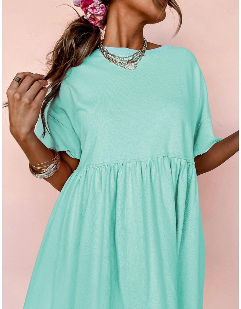 Moonlight Jade Solid Color Pocketed Raw Edge Babydoll Dress