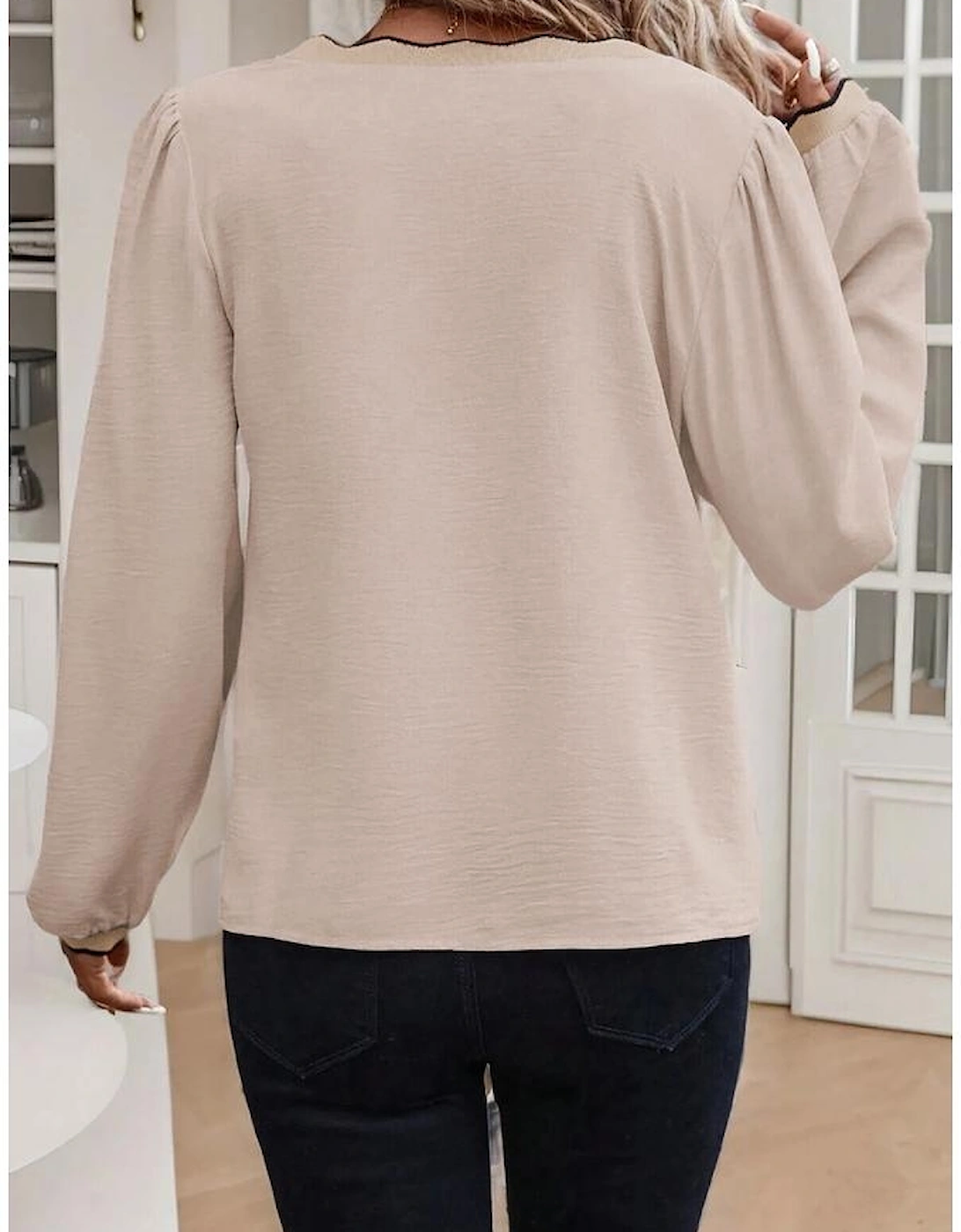 Jet Stream Contrast Scallop Trim V Neck Long Sleeve Blouse, 13 of 12