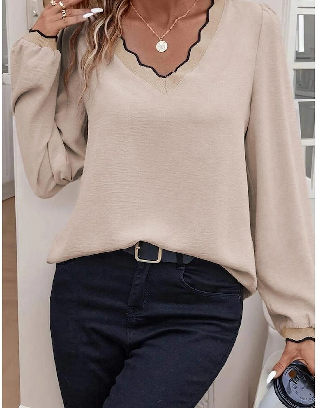 Jet Stream Contrast Scallop Trim V Neck Long Sleeve Blouse