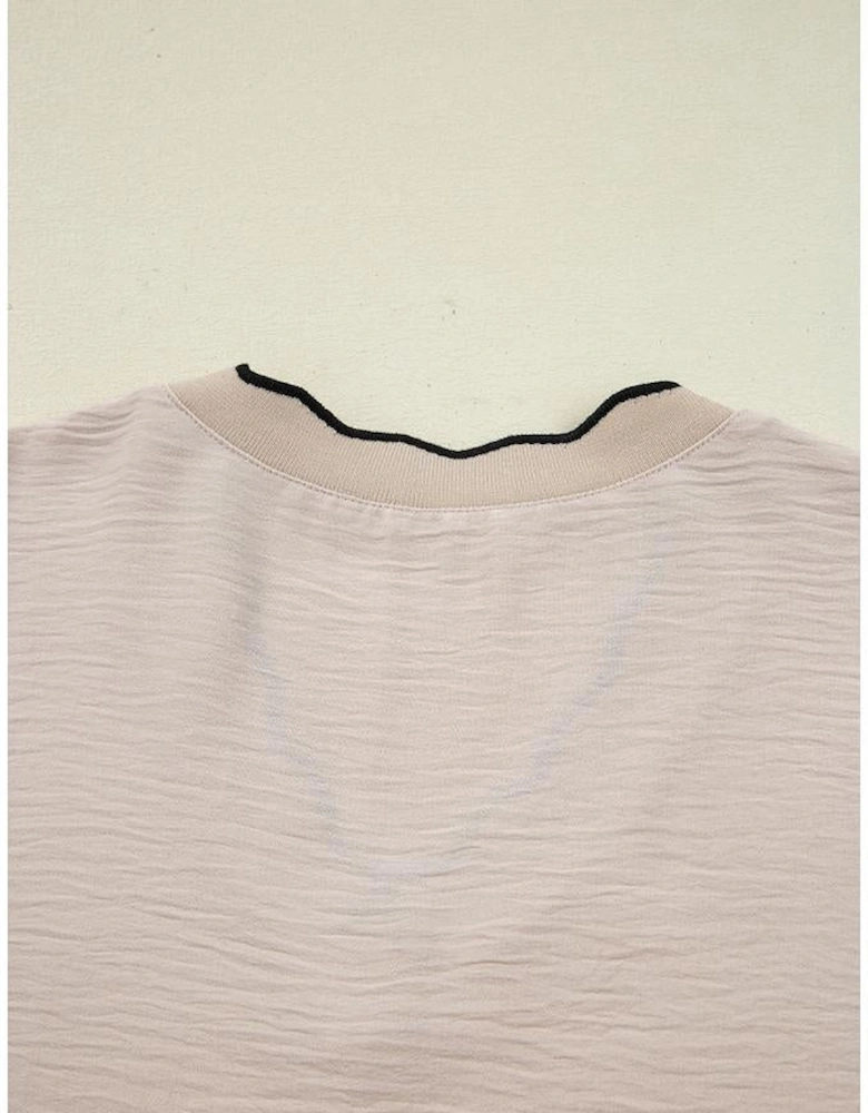 Jet Stream Contrast Scallop Trim V Neck Long Sleeve Blouse