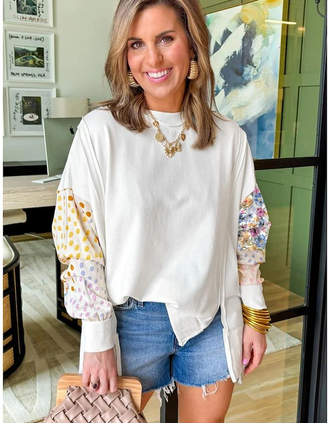 White Floral Dotted Mixed Print Patchwork Sleeve High Low Casual Sweatshirt