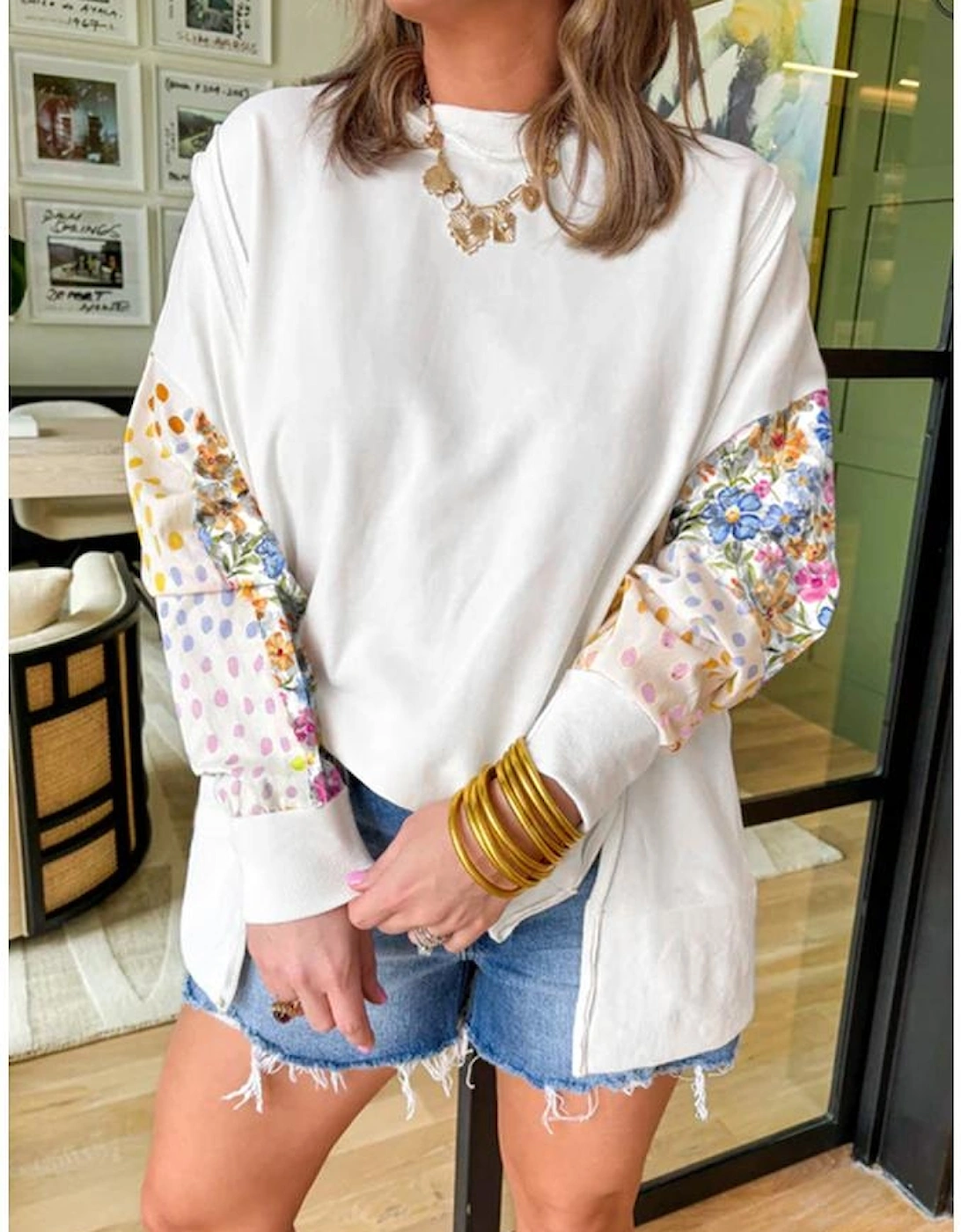 White Floral Dotted Mixed Print Patchwork Sleeve High Low Casual Sweatshirt