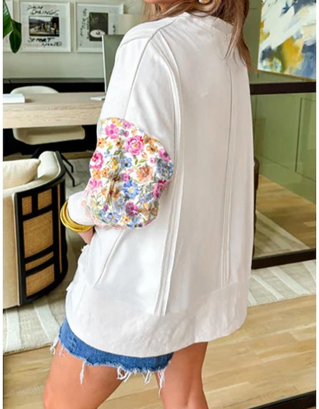 White Floral Dotted Mixed Print Patchwork Sleeve High Low Casual Sweatshirt, 13 of 12