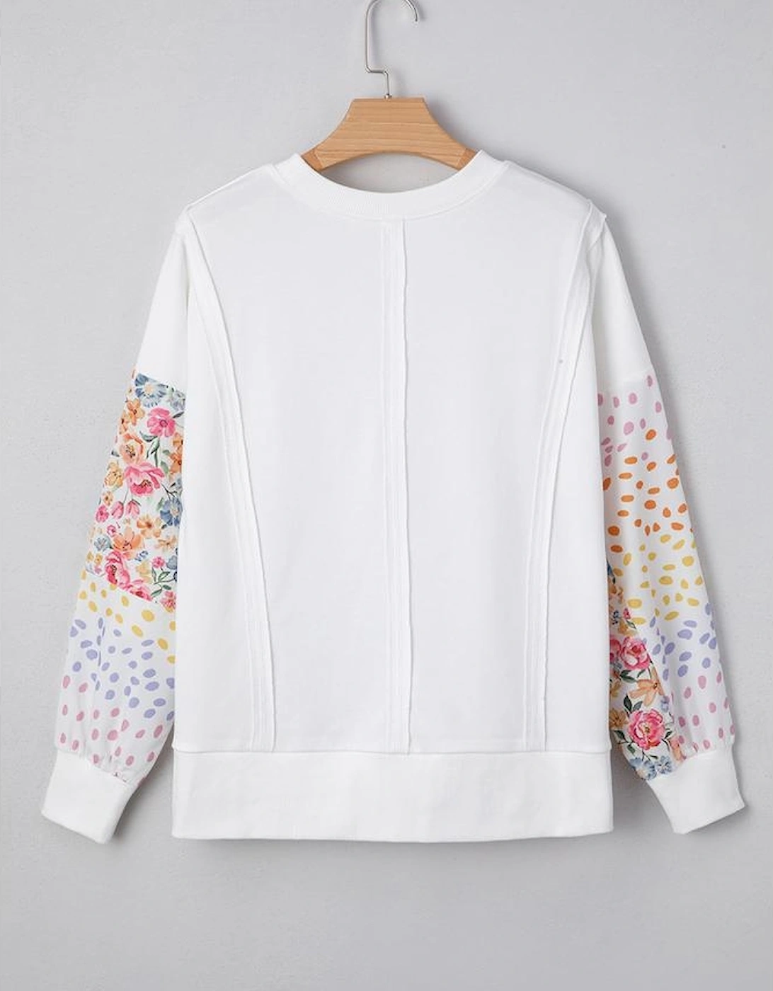 White Floral Dotted Mixed Print Patchwork Sleeve High Low Casual Sweatshirt