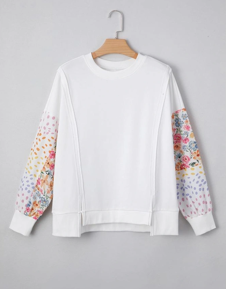 White Floral Dotted Mixed Print Patchwork Sleeve High Low Casual Sweatshirt