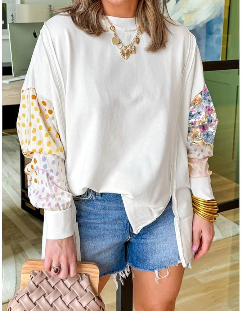 White Floral Dotted Mixed Print Patchwork Sleeve High Low Casual Sweatshirt