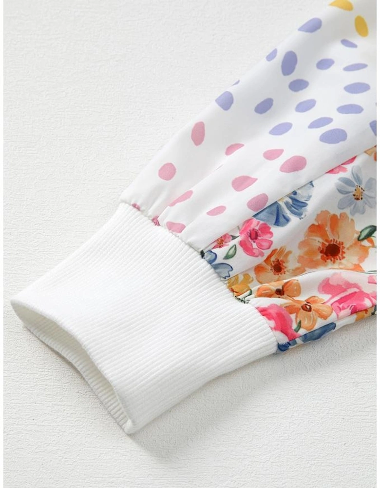 White Floral Dotted Mixed Print Patchwork Sleeve High Low Casual Sweatshirt