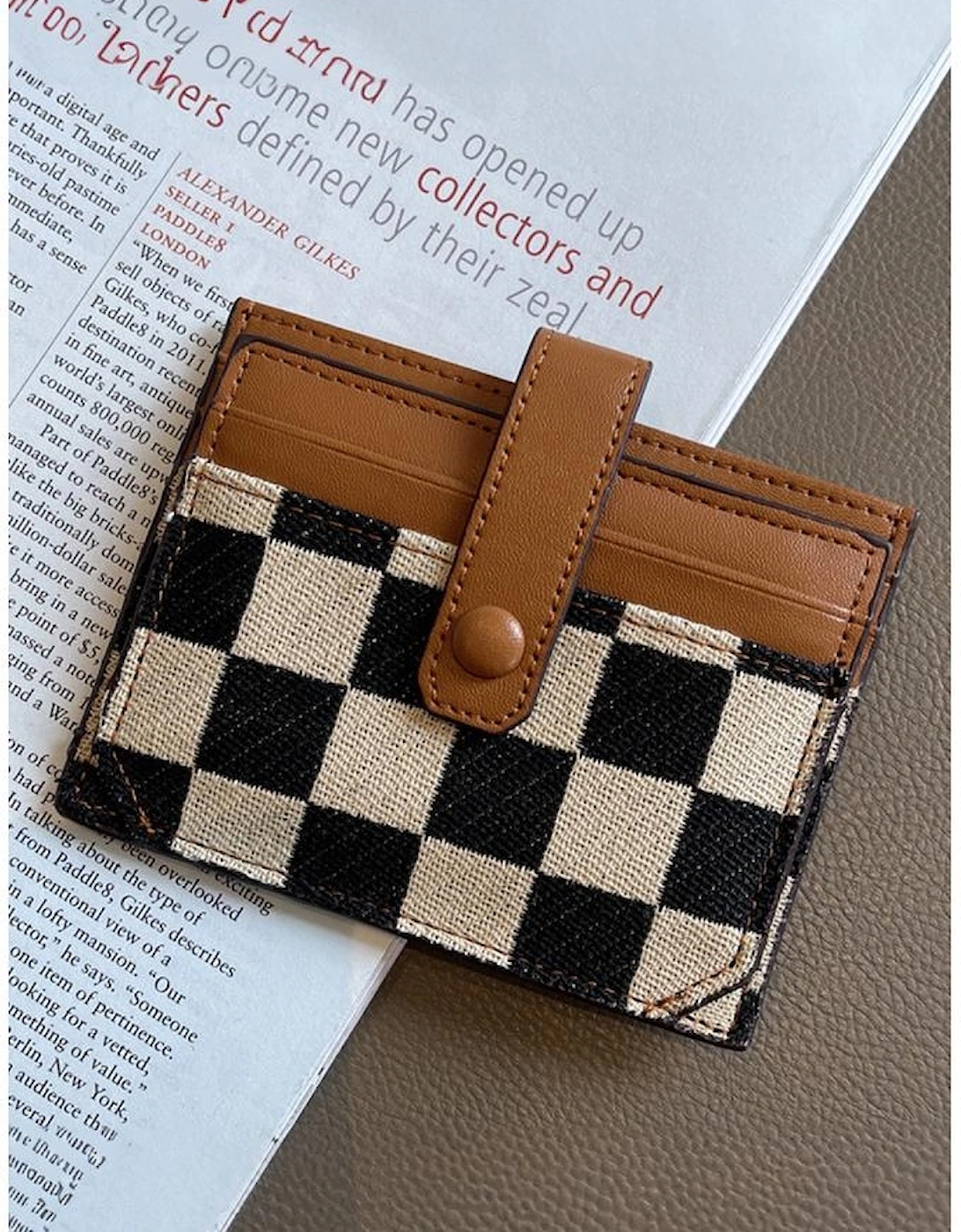 Azura Exchange Coffee Leather Checkered Canvas Patchwork Card Storage Wallet