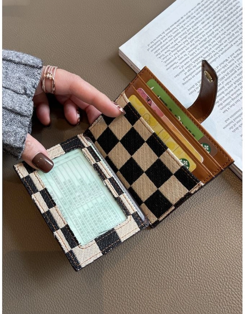 Azura Exchange Coffee Leather Checkered Canvas Patchwork Card Storage Wallet