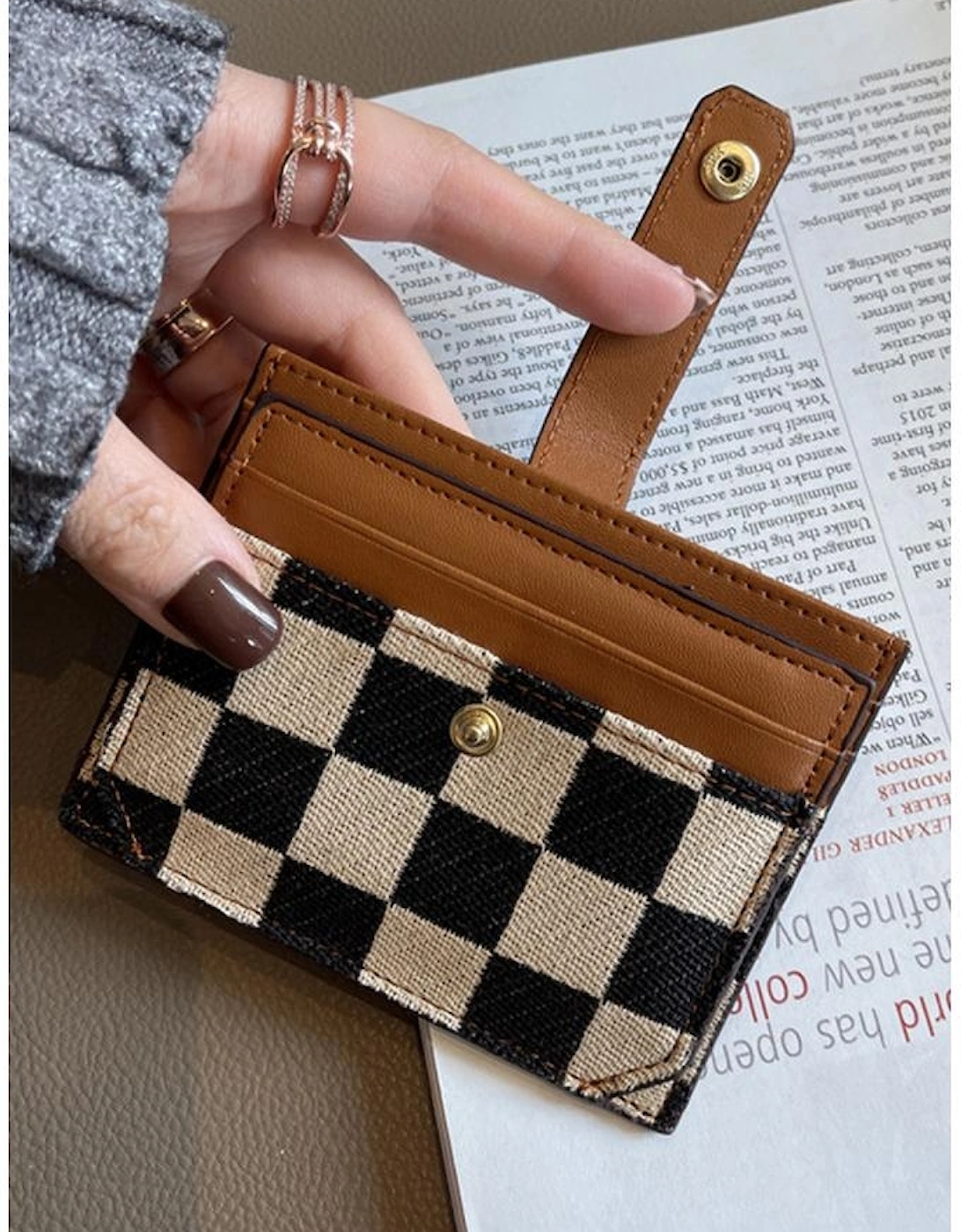 Azura Exchange Coffee Leather Checkered Canvas Patchwork Card Storage Wallet