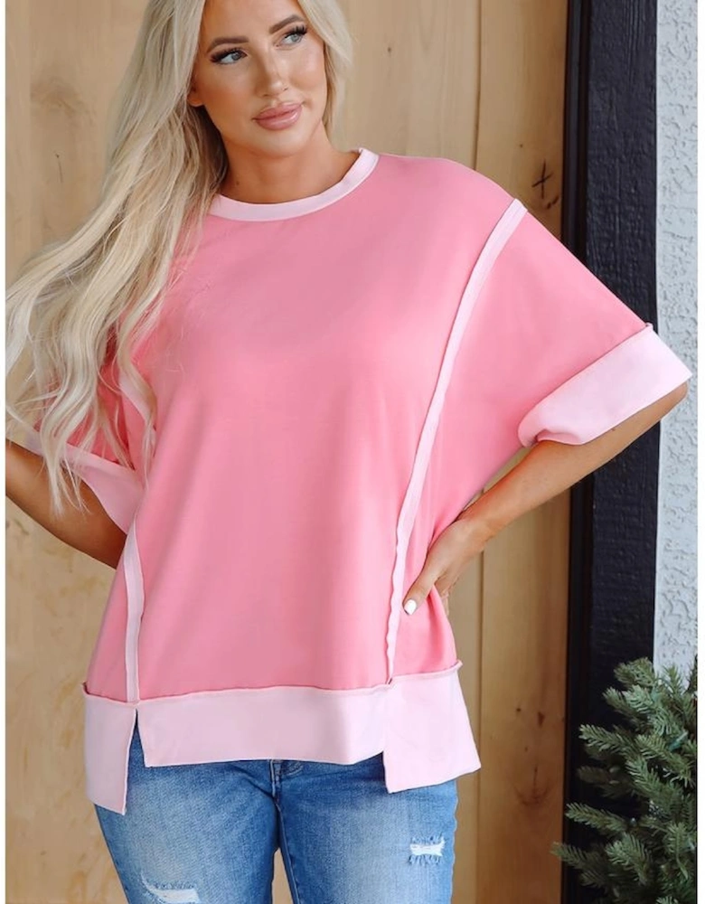 Peach Blossom Half Sleeve Raw Seam High Low Side Split Top