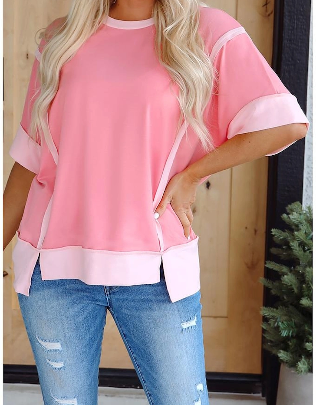 Peach Blossom Half Sleeve Raw Seam High Low Side Split Top