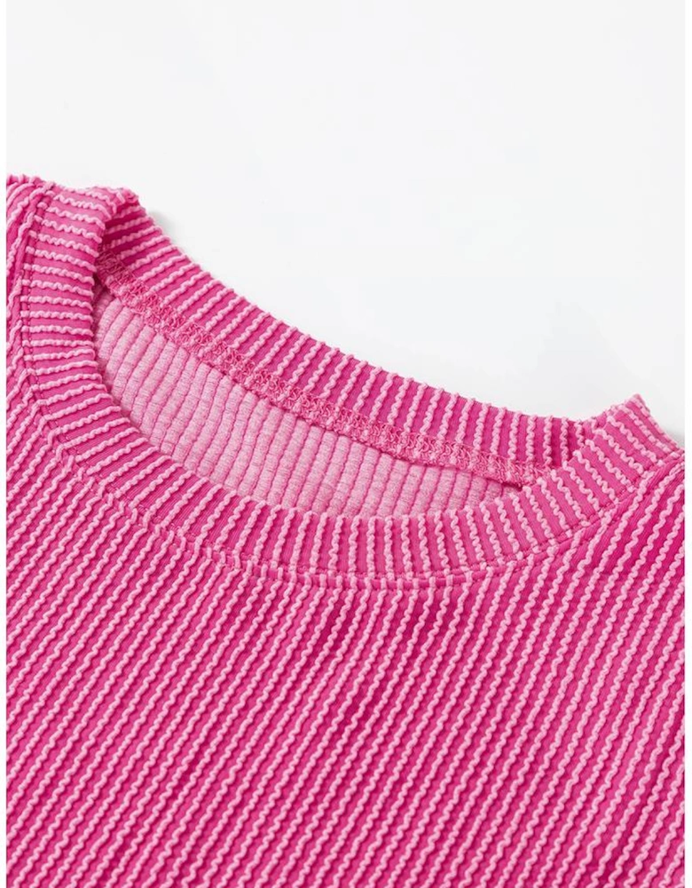 Strawberry Pink Corded Textured Long Sleeve Top and Shorts Set