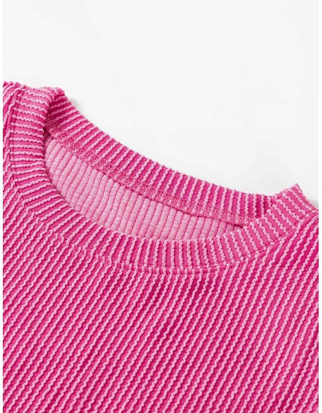 Strawberry Pink Corded Textured Long Sleeve Top and Shorts Set, 11 of 10