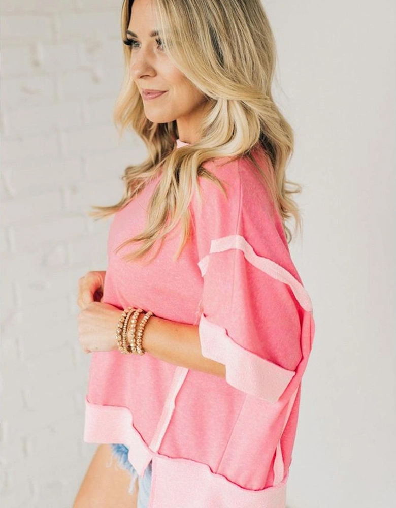 Peach Blossom Half Sleeve Raw Seam High Low Side Split Top