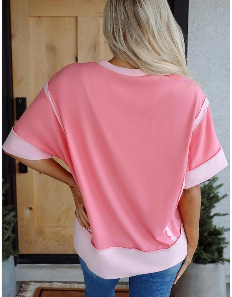 Peach Blossom Half Sleeve Raw Seam High Low Side Split Top