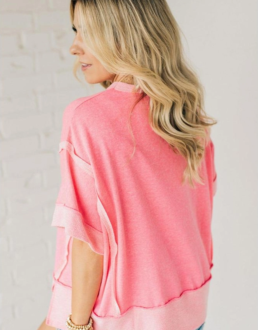 Peach Blossom Half Sleeve Raw Seam High Low Side Split Top