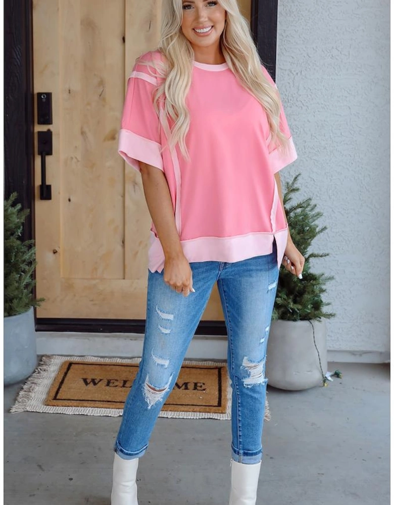 Peach Blossom Half Sleeve Raw Seam High Low Side Split Top