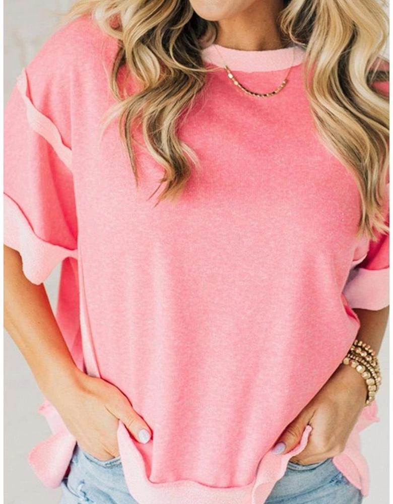 Peach Blossom Half Sleeve Raw Seam High Low Side Split Top