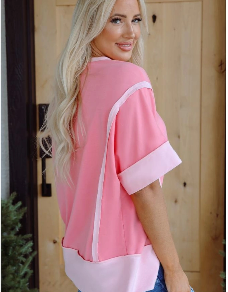 Peach Blossom Half Sleeve Raw Seam High Low Side Split Top