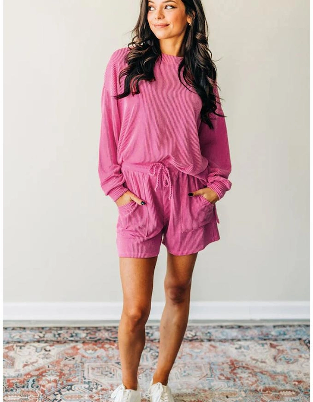 Strawberry Pink Corded Textured Long Sleeve Top and Shorts Set