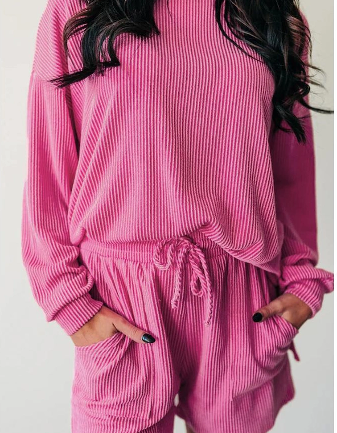 Strawberry Pink Corded Textured Long Sleeve Top and Shorts Set