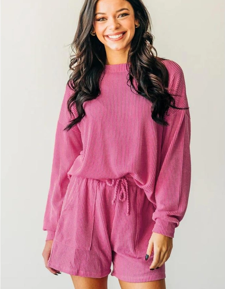 Strawberry Pink Corded Textured Long Sleeve Top and Shorts Set