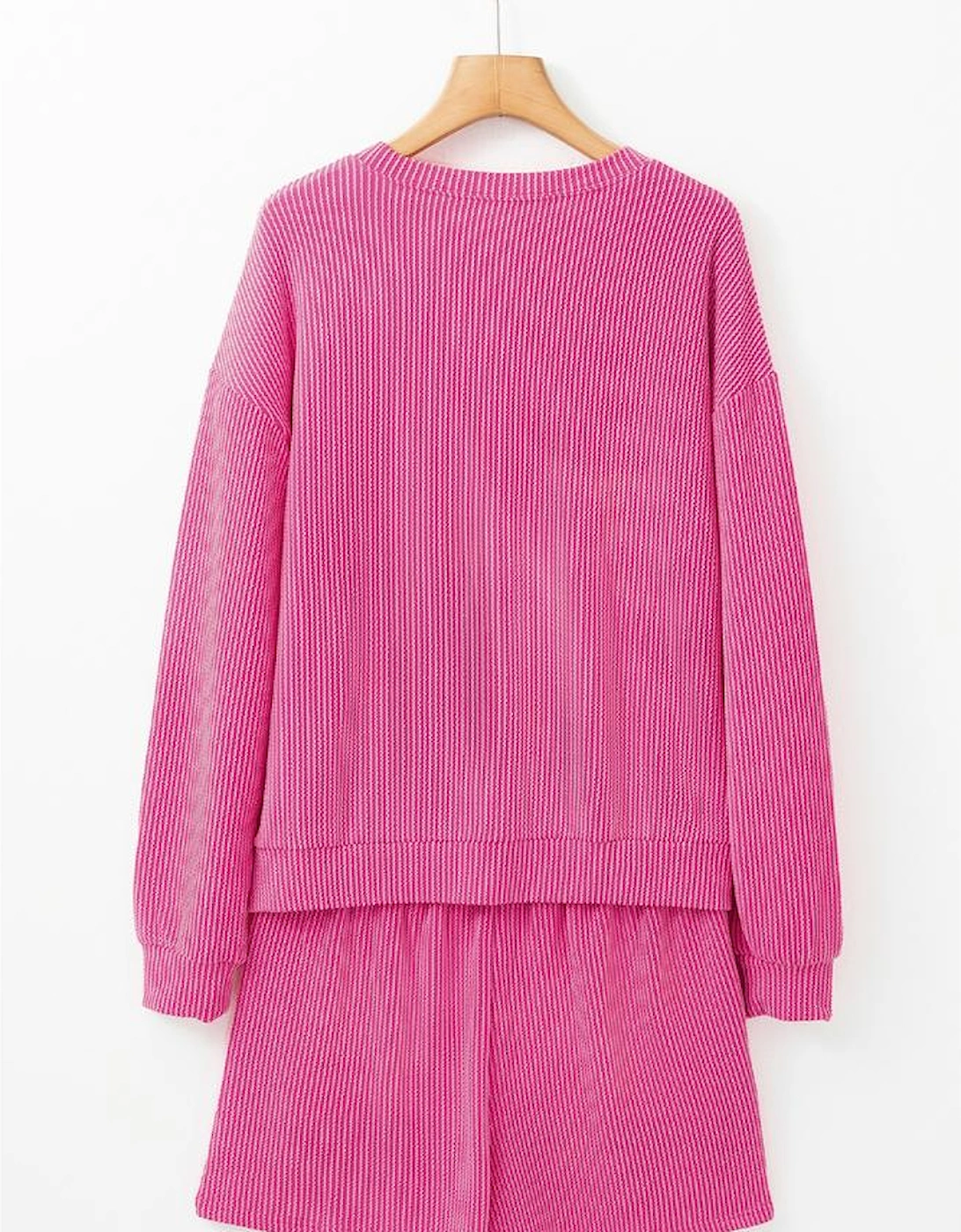 Strawberry Pink Corded Textured Long Sleeve Top and Shorts Set