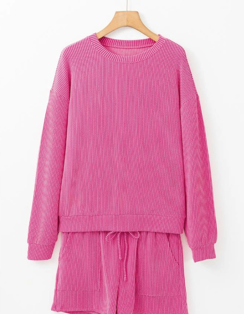 Strawberry Pink Corded Textured Long Sleeve Top and Shorts Set