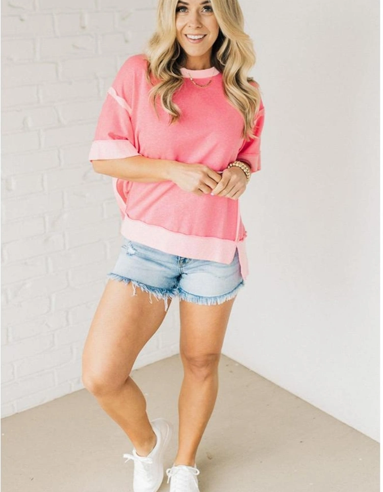 Peach Blossom Half Sleeve Raw Seam High Low Side Split Top