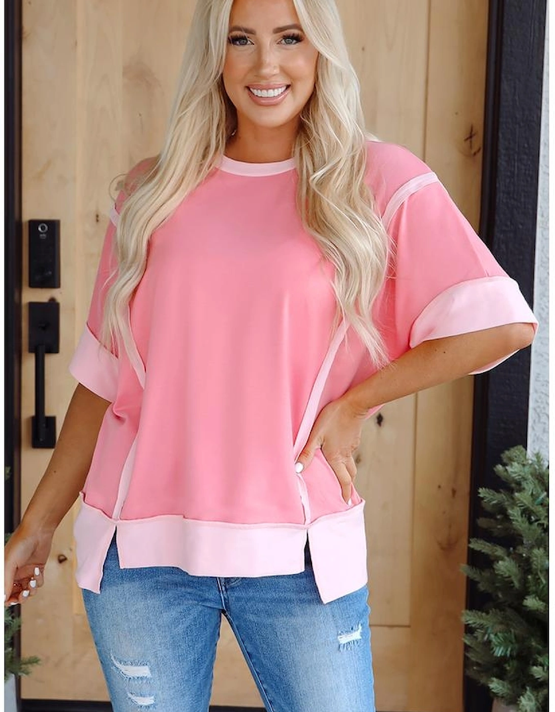 Peach Blossom Half Sleeve Raw Seam High Low Side Split Top
