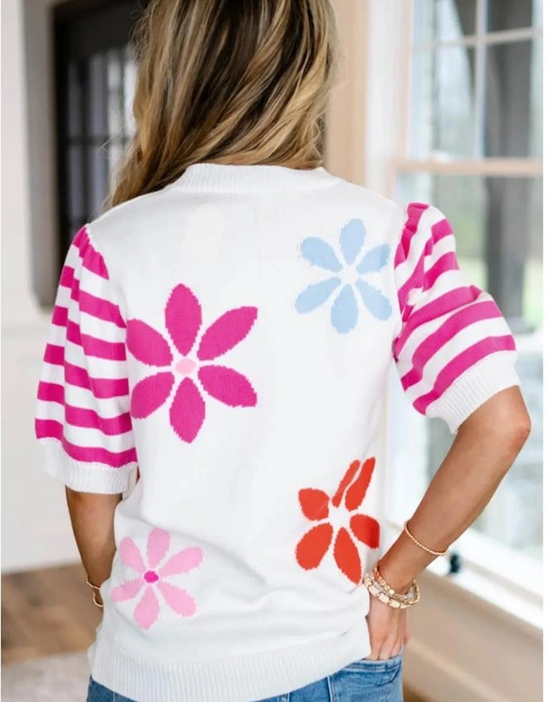 White Floral Pattern Striped Sleeve Sweater T Shirt