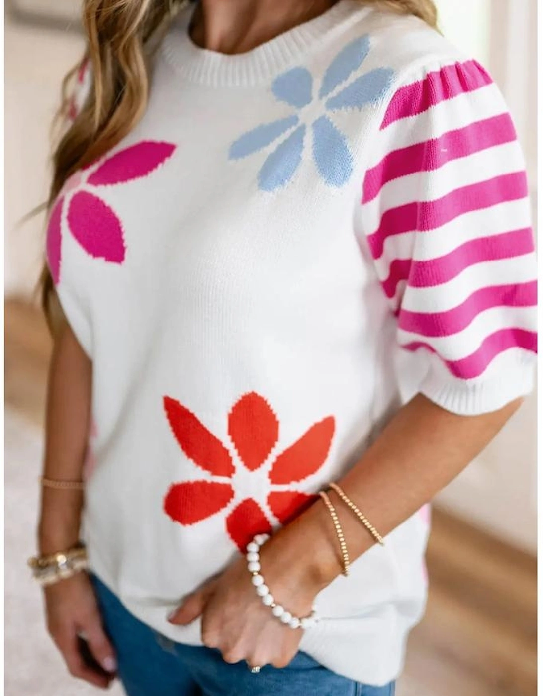 White Floral Pattern Striped Sleeve Sweater T Shirt