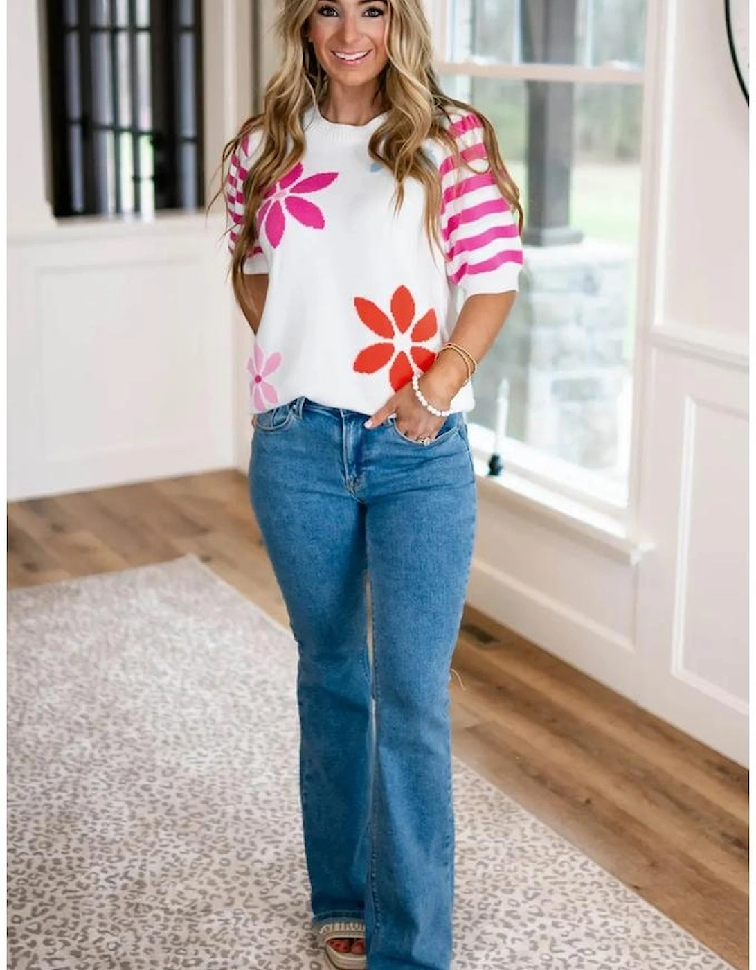 White Floral Pattern Striped Sleeve Sweater T Shirt, 5 of 4