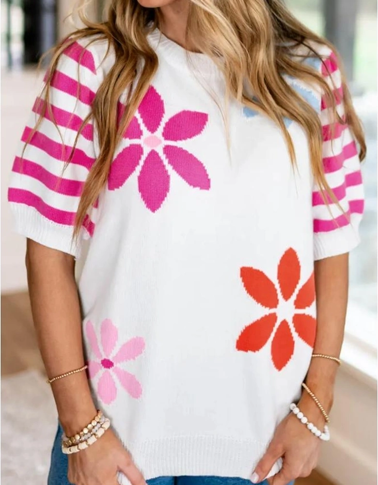 White Floral Pattern Striped Sleeve Sweater T Shirt